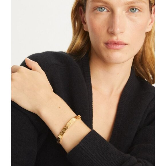 Tory Burch T Monogram Gold Logo Hinged Bangle Bracelet - Picture 3 of 5